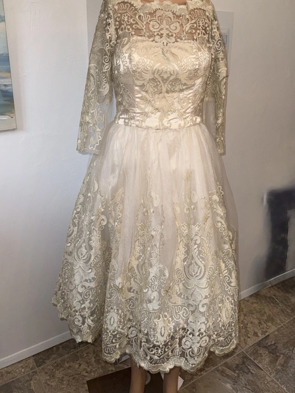 NWT ChiChi ModCloth London sz 2 Gilded Grace Lace Dress Gold Lace Overlay Tule